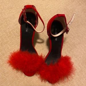 Red faux fur ankle strap high heels